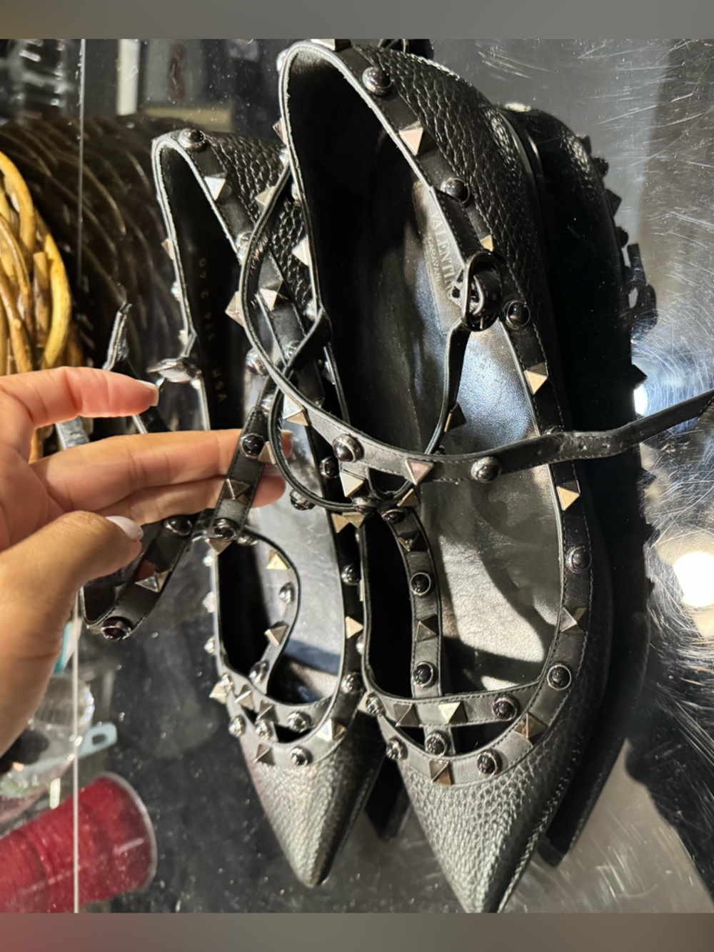 Valentino Women's Black Studded Pointed-Toe Flats with Straps size 39